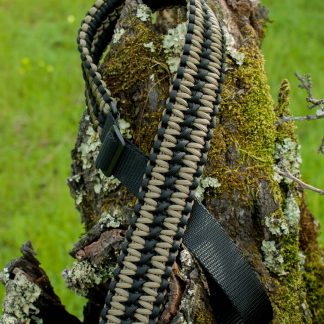 Two point paracord gun sling. Primary color coyote brown. Secondary color black. Extra wide double cobra weave. GrovTec quick disconnect swivels.
