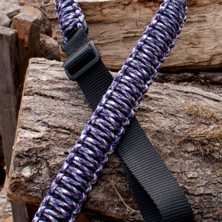 Two point paracord gun sling. Primary color purple camo. Secondary color black. King cobra weave. GrovTec quick disconnect swivels.